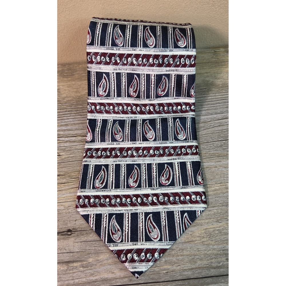 Pierre Cardin Silk Tie Mens Navy Blue Burgundy Red Paisley Geometric Stripe Silk